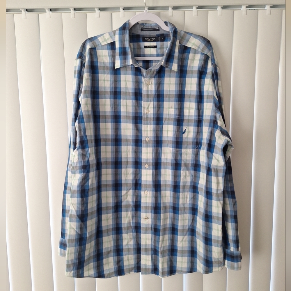 Nautica Blue Plaid Button Front Long Sleeve Shirt Classic Fit